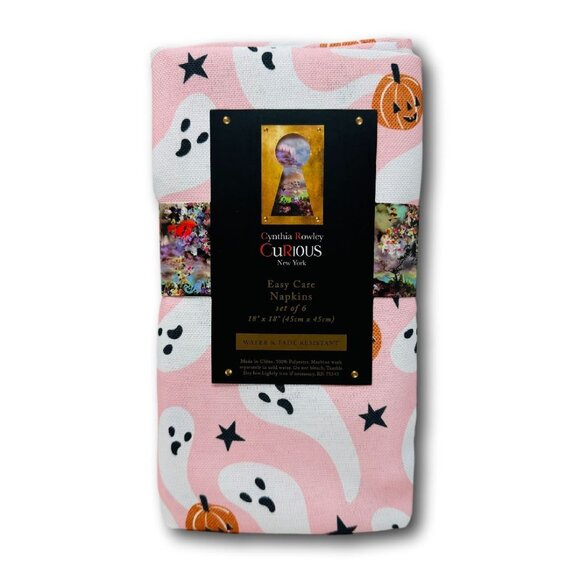 Cynthia Rowley Halloween Napkins Ghosts Pumpkins Set of 6  Pink 18" x 18" Fall - Picture 1 of 2